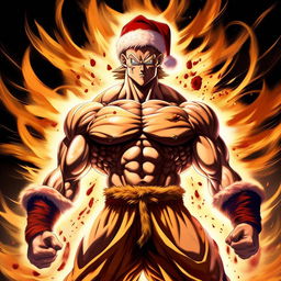 Santa Claus envisioned in the distinct visual style of Dragon Ball Z, his body muscular and toned, mid-power up, engulfed in a dramatic, swirling Super Saiyan aura of radiant energy.