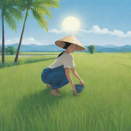 An illustration of a person planting in a rice field under a gentle sun, surrounded by lush greenery and blue sky.