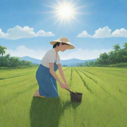 An illustration of a person planting in a rice field under a gentle sun, surrounded by lush greenery and blue sky.