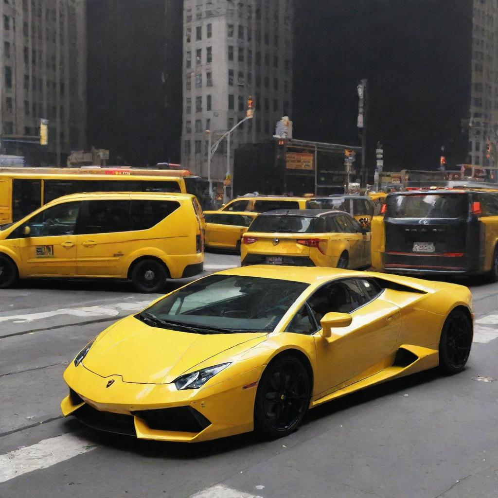 A bright yellow Lamborghini parked in front of a matching yellow Metro bus, situated on the bustling Times Square, New York.