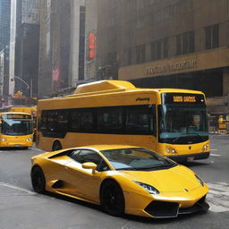 A bright yellow Lamborghini parked in front of a matching yellow Metro bus, situated on the bustling Times Square, New York.