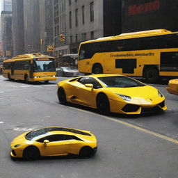 A bright yellow Lamborghini parked in front of a matching yellow Metro bus, situated on the bustling Times Square, New York.