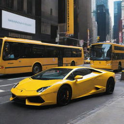 A bright yellow Lamborghini parked in front of a matching yellow Metro bus, situated on the bustling Times Square, New York.