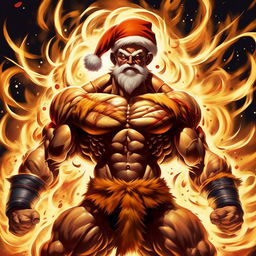 Santa Claus envisioned in the distinct visual style of Dragon Ball Z, his body muscular and toned, mid-power up, engulfed in a dramatic, swirling Super Saiyan aura of radiant energy.