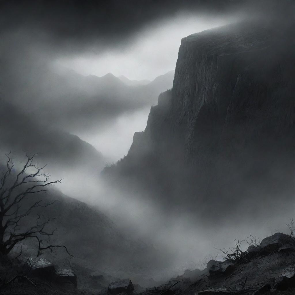 Mysterious and eerie illustration for a book cover titled 'The Valley of Fear'. Incorporate an ominous valley engulfed in mist against a catatonic sky.