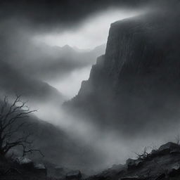 Mysterious and eerie illustration for a book cover titled 'The Valley of Fear'. Incorporate an ominous valley engulfed in mist against a catatonic sky.