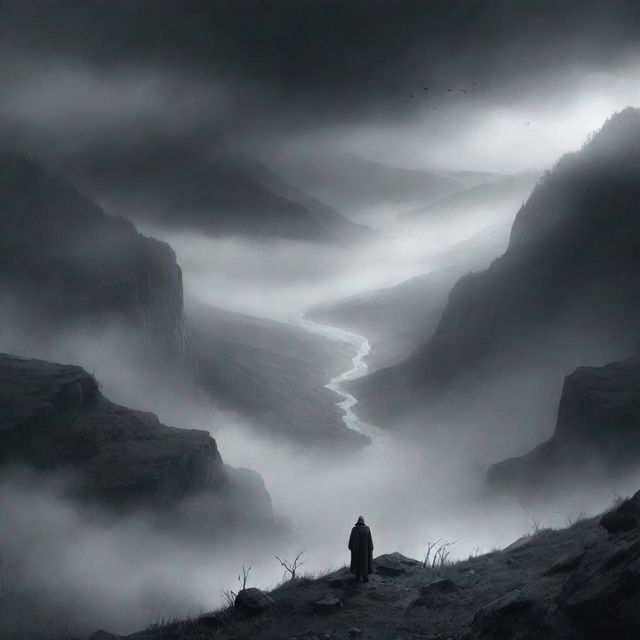 Mysterious and eerie illustration for a book cover titled 'The Valley of Fear'. Incorporate an ominous valley engulfed in mist against a catatonic sky.