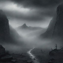 Mysterious and eerie illustration for a book cover titled 'The Valley of Fear'. Incorporate an ominous valley engulfed in mist against a catatonic sky.