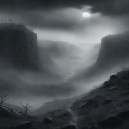 Mysterious and eerie illustration for a book cover titled 'The Valley of Fear'. Incorporate an ominous valley engulfed in mist against a catatonic sky.