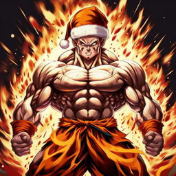 Santa Claus envisioned in the distinct visual style of Dragon Ball Z, his body muscular and toned, mid-power up, engulfed in a dramatic, swirling Super Saiyan aura of radiant energy.