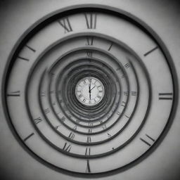 Visualize a surreal scene where individuals are caught in an endless time loop, reflecting the cyclicity of time in a trapped dimension, where they continuously follow a pattern associated with a clock's relentless ticking.