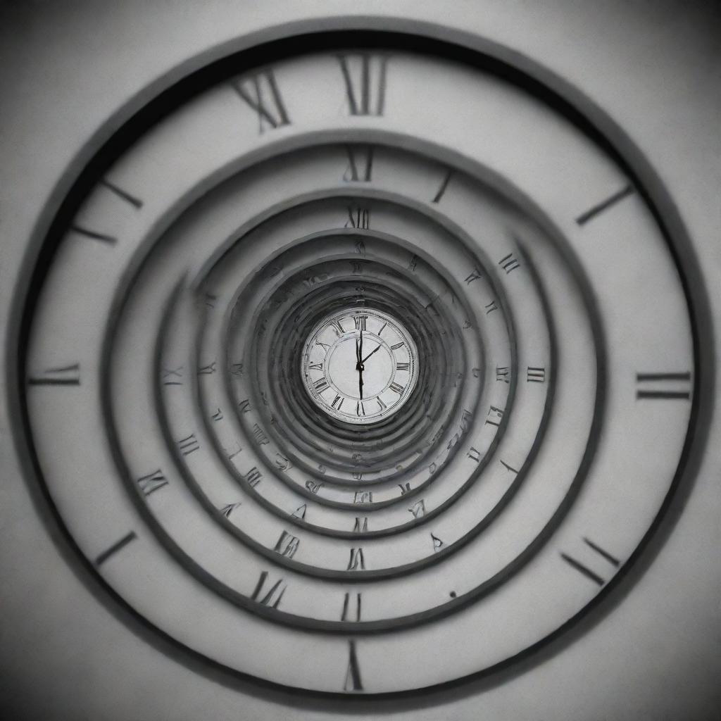 Visualize a surreal scene where individuals are caught in an endless time loop, reflecting the cyclicity of time in a trapped dimension, where they continuously follow a pattern associated with a clock's relentless ticking.