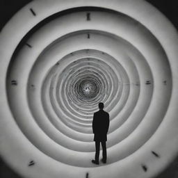 Visualize a surreal scene where individuals are caught in an endless time loop, reflecting the cyclicity of time in a trapped dimension, where they continuously follow a pattern associated with a clock's relentless ticking.