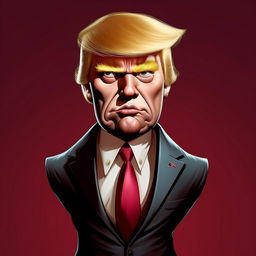 Cartoon-style depiction of Donald Trump in his signature suit, but his face is transformed displaying the refined elegance of a Dior model.