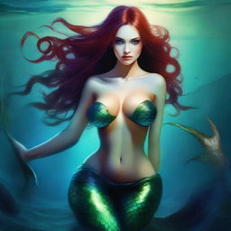 This is a high-quality digital art image that depicts a sexy killer mermaid