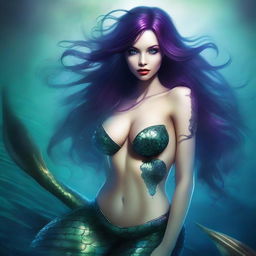 This is a high-quality digital art image that depicts a sexy killer mermaid