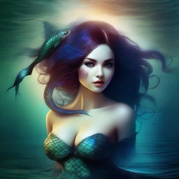 This is a high-quality digital art image that depicts a sexy killer mermaid