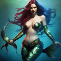 This is a high-quality digital art image that depicts a sexy killer mermaid