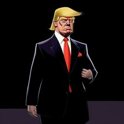 Cartoon-style depiction of Donald Trump in his signature suit, but his face is transformed displaying the refined elegance of a Dior model.