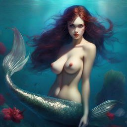 This high-quality digital art image showcases a sexy, hyper-detailed killer mermaid