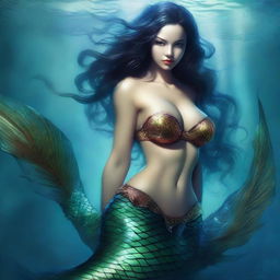 This high-quality digital art image showcases a sexy, hyper-detailed killer mermaid