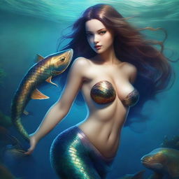 This high-quality digital art image showcases a sexy, hyper-detailed killer mermaid