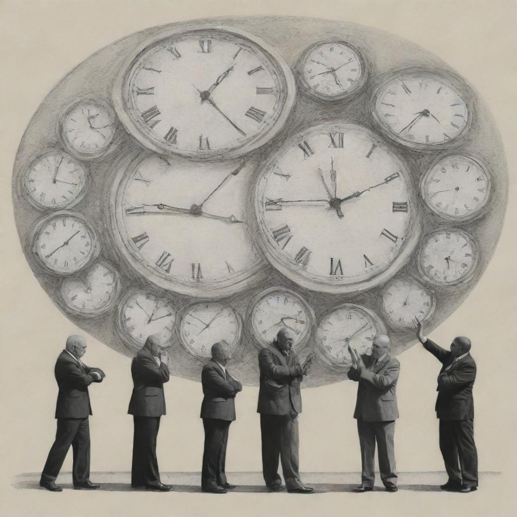 Illustrate an abstract depiction of human lives being guided and constrained by the concept of time, represented by large looming clocks and individuals bound by their hands.