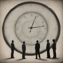 Illustrate an abstract depiction of human lives being guided and constrained by the concept of time, represented by large looming clocks and individuals bound by their hands.