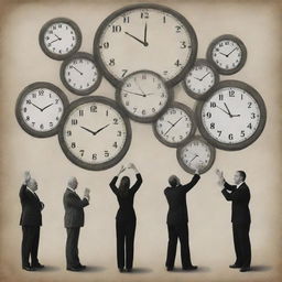 Illustrate an abstract depiction of human lives being guided and constrained by the concept of time, represented by large looming clocks and individuals bound by their hands.