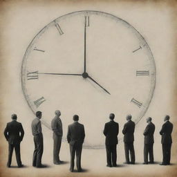 Illustrate an abstract depiction of human lives being guided and constrained by the concept of time, represented by large looming clocks and individuals bound by their hands.