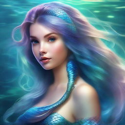 This is a high-quality digital art image that features an attractive mermaid depicted in hyper-realistic detail