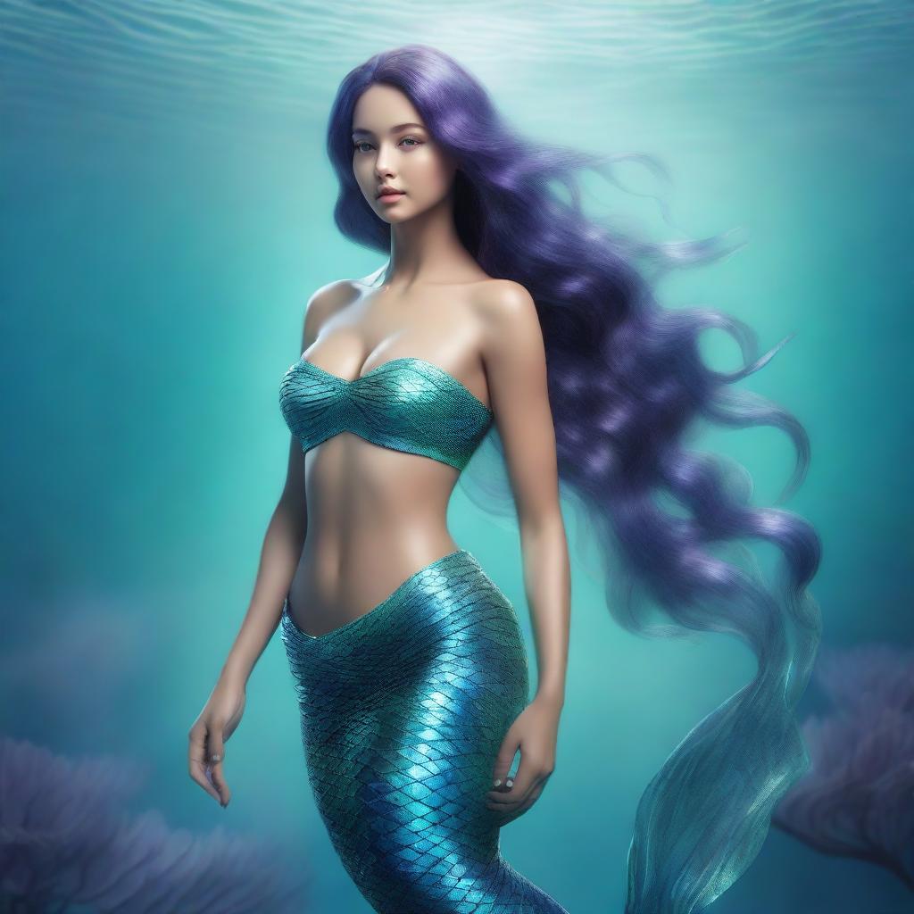 This is a hyper-realistic digital art image showcasing an attractive mermaid in a full body shot