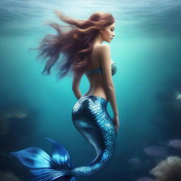 This is a hyper-realistic digital art image showcasing an attractive mermaid in a full body shot