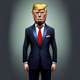 Cartoon-style depiction of Donald Trump in his signature suit, but his face is transformed displaying the refined elegance of a Dior model.