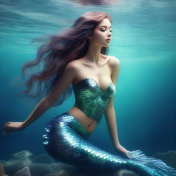 This is a hyper-realistic digital art image showcasing an attractive mermaid in a full body shot