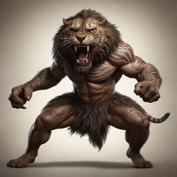 A ferocious half-human, half-smilodon fighter bearing the marks of battles, covered with mystic tribal tattoos, gearing up in a combative stance filled with fury