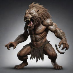 A ferocious half-human, half-smilodon fighter bearing the marks of battles, covered with mystic tribal tattoos, gearing up in a combative stance filled with fury