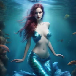 A high-quality, hyper-realistic digital art image features an attractive killer mermaid in a full body shot