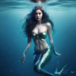 A high-quality, hyper-realistic digital art image features an attractive killer mermaid in a full body shot