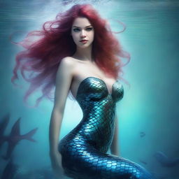 A high-quality, hyper-realistic digital art image features an attractive killer mermaid in a full body shot