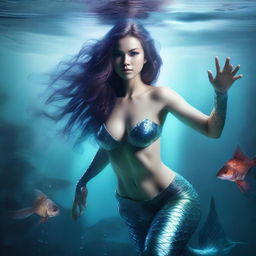 A high-quality, hyper-realistic digital art image features an attractive killer mermaid in a full body shot