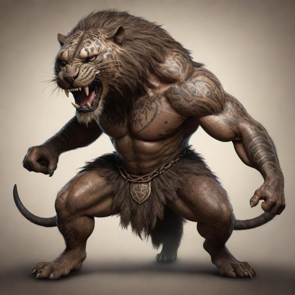 A ferocious half-human, half-smilodon fighter bearing the marks of battles, covered with mystic tribal tattoos, gearing up in a combative stance filled with fury