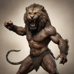 A ferocious half-human, half-smilodon fighter bearing the marks of battles, covered with mystic tribal tattoos, gearing up in a combative stance filled with fury