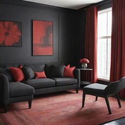 Modify the previously designed fabric to incorporate a dramatic palette of bold black and fiery red tones.