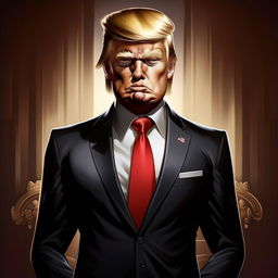 Cartoon-style depiction of Donald Trump in his signature suit, but his face is transformed displaying the refined elegance of a Dior model.