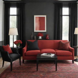 Modify the previously designed fabric to incorporate a dramatic palette of bold black and fiery red tones.