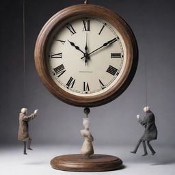 Illustrate an abstract concept where people are being manipulated by time, visualizing this by puppets on strings being maneuvered by a grandiose clock or hourglass.