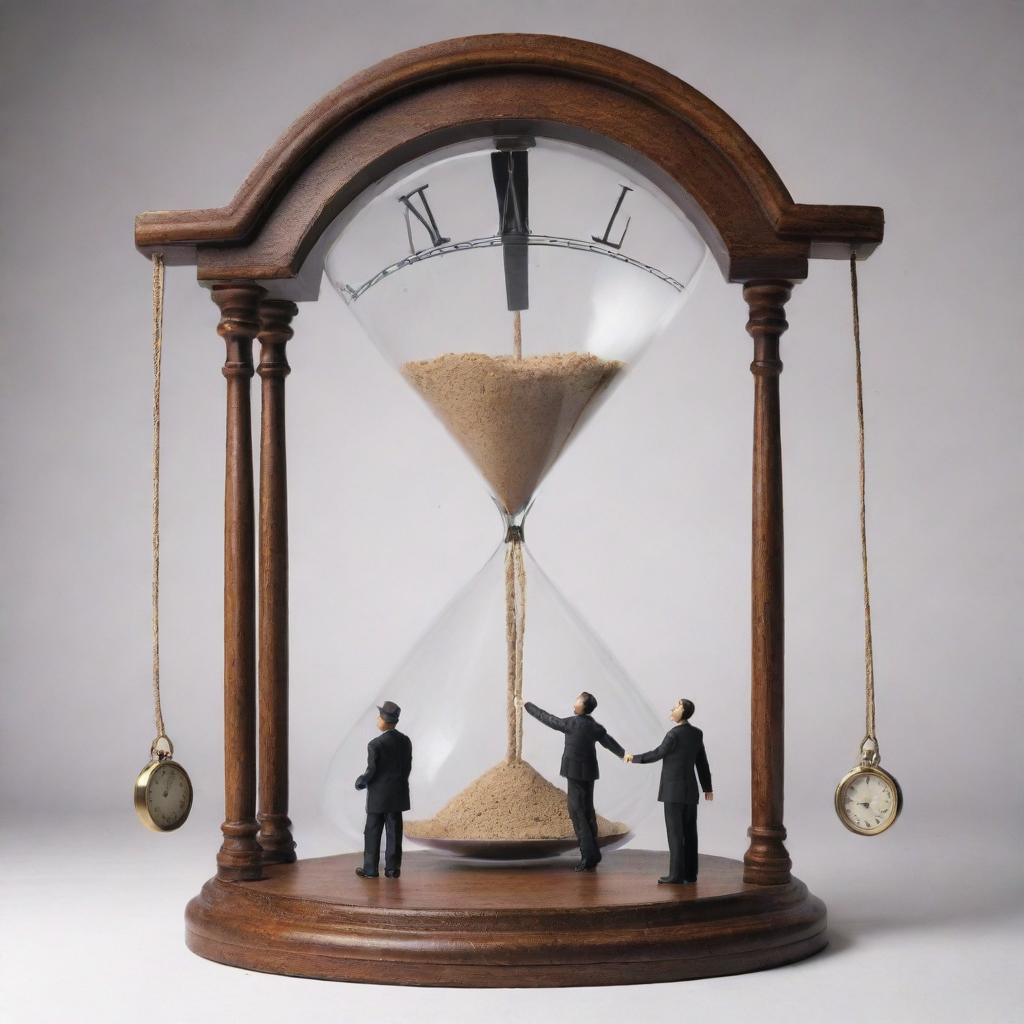 Illustrate an abstract concept where people are being manipulated by time, visualizing this by puppets on strings being maneuvered by a grandiose clock or hourglass.