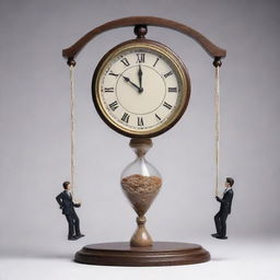 Illustrate an abstract concept where people are being manipulated by time, visualizing this by puppets on strings being maneuvered by a grandiose clock or hourglass.