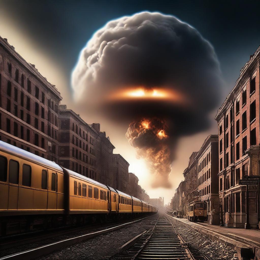 This digital art image showcases a dramatic cityscape with an atomic bomb in the sky, casting an ominous glow over the buildings